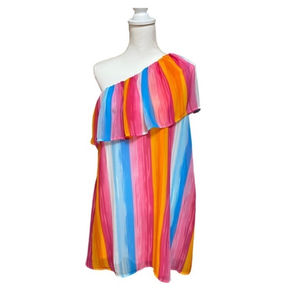 Palms Away Women's Large Rainbow Striped One Shoulder Mini‎ Dress